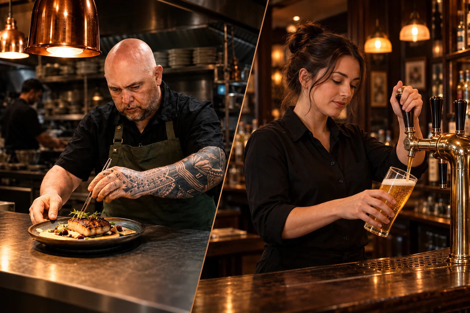 Chef plating a dish beside a front-of-house team member pouring a beer