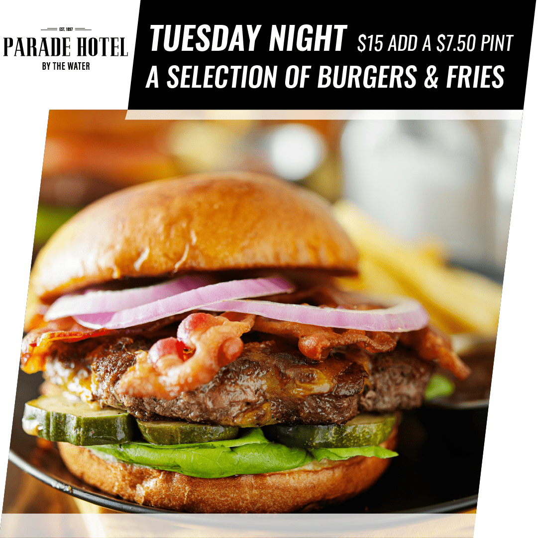 Burger Night Tuesday night is our Burger night. A selection of burgers only $15.