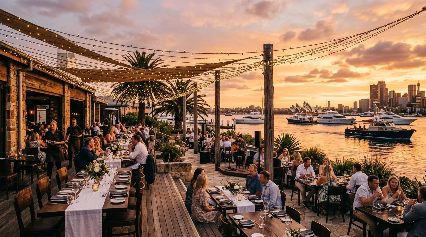 Outdoor dining beside the water at sunset