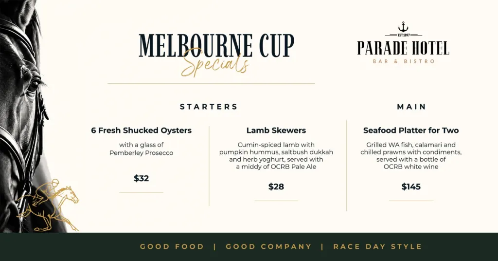 Parade Hotel Melbourne Cup specials: oysters and Prosecco, lamb skewers and a seafood platter for two.