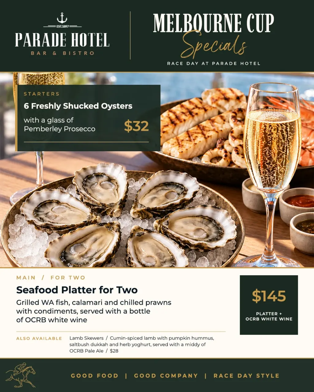 Melbourne Cup oysters and seafood specials at Parade Hotel.