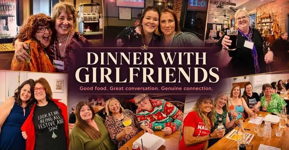 Dinner With Girlfriends event artwork showing guests enjoying conversation and dinner together.