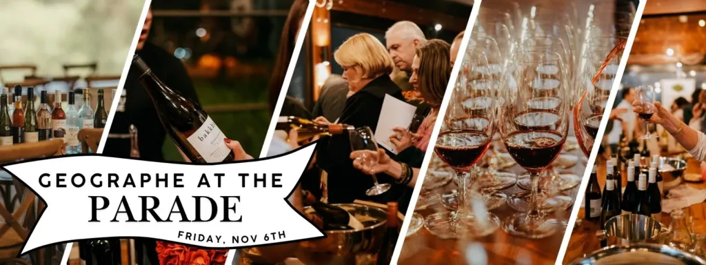 Geographe at the Parade wine tasting artwork for Friday 6 November, showing local wines and guests.