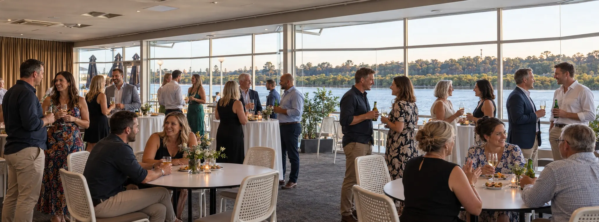 An illustrated cocktail gathering in Parade Hotel’s River Room overlooking the water