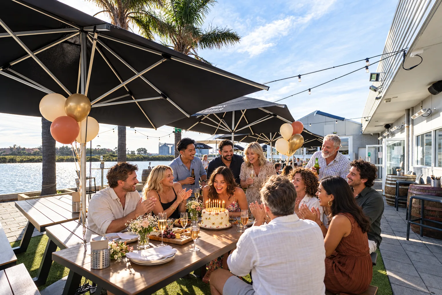 Birthday guests gathered around a cake in Parade Hotel’s Beer Garden