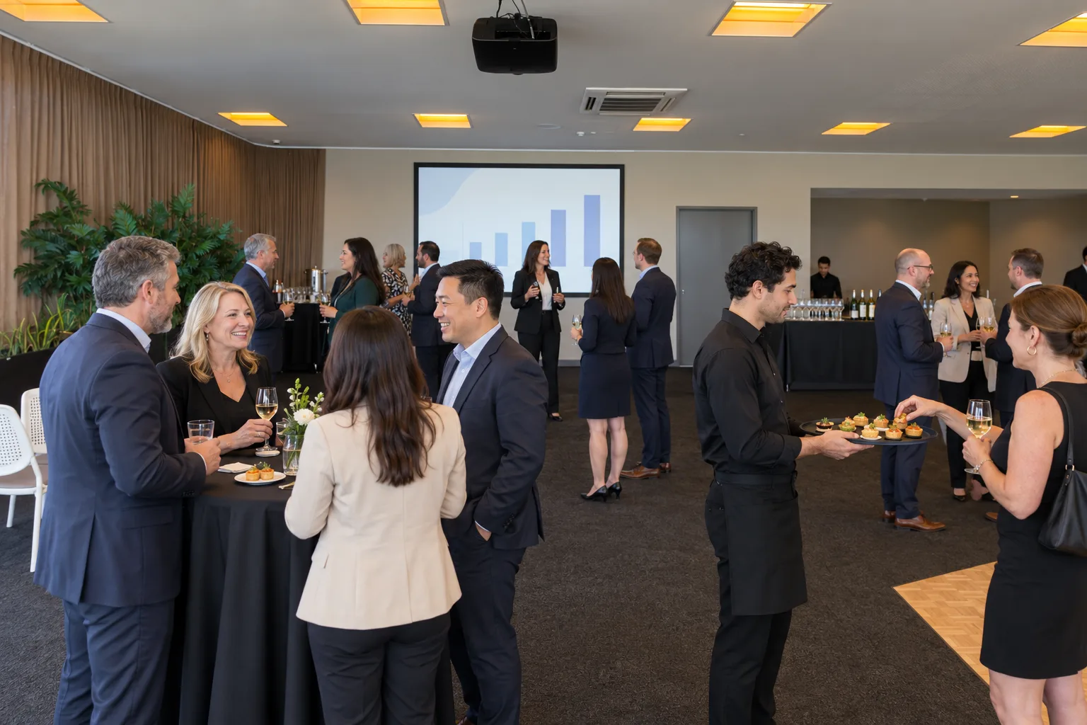 Corporate guests enjoying canapés beside the presentation screen in Parade Hotel’s River Room