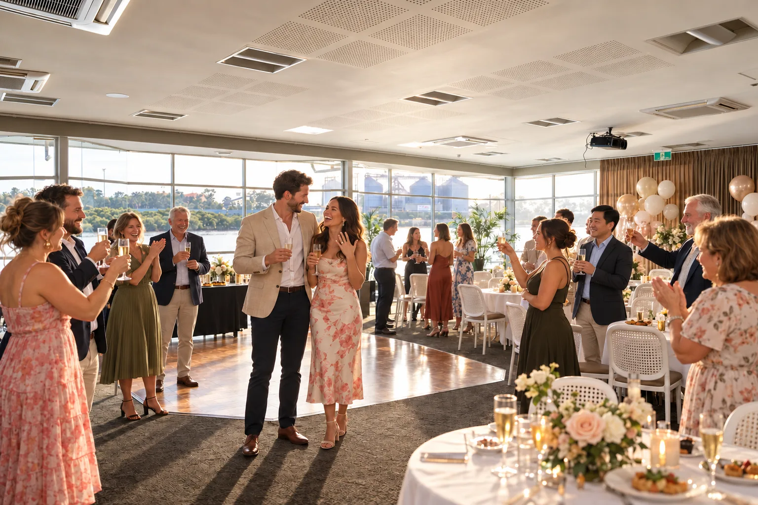 Friends and family celebrating an engagement in Parade Hotel’s River Room
