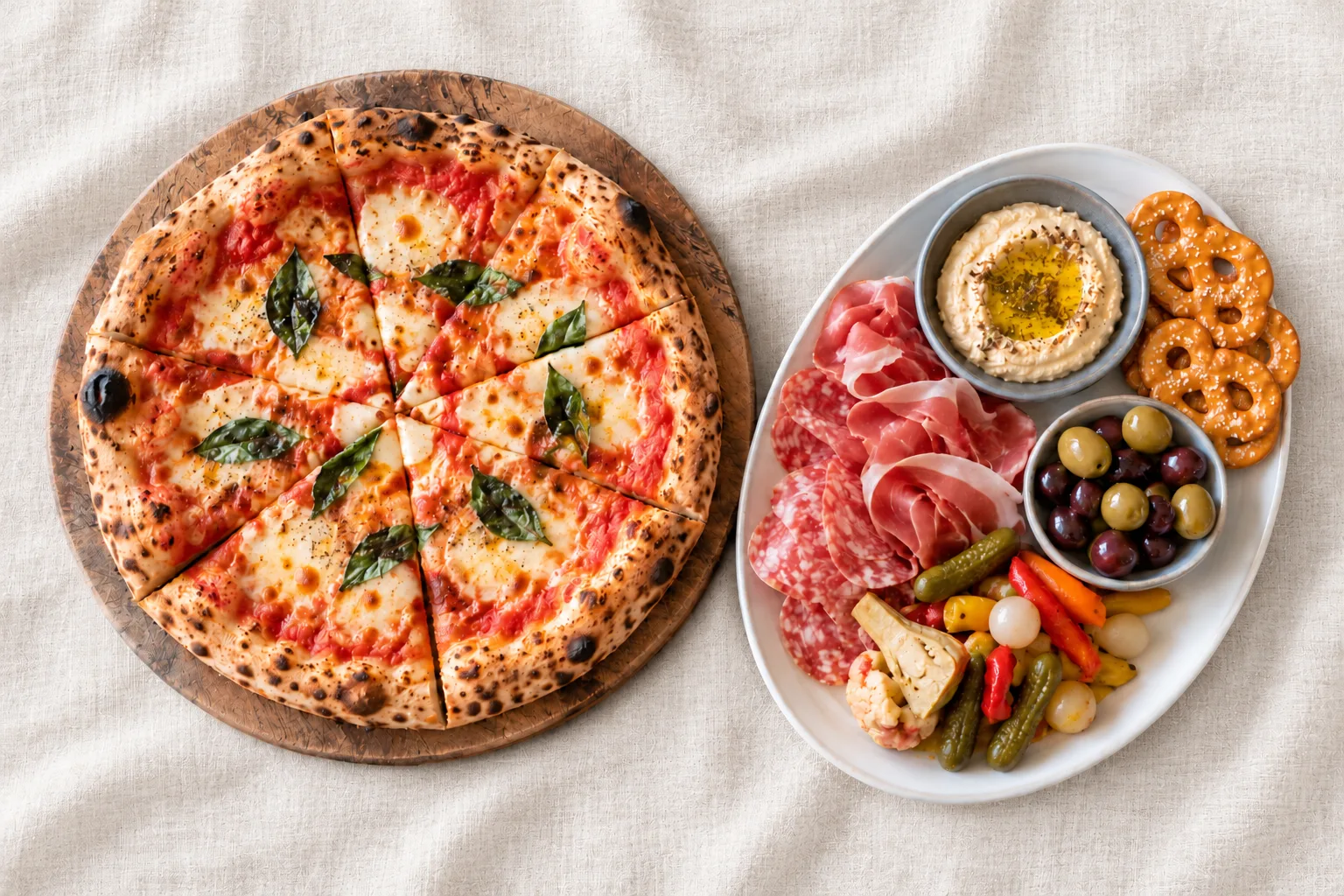 Margherita pizza and antipasto sharing platters on pale linen
