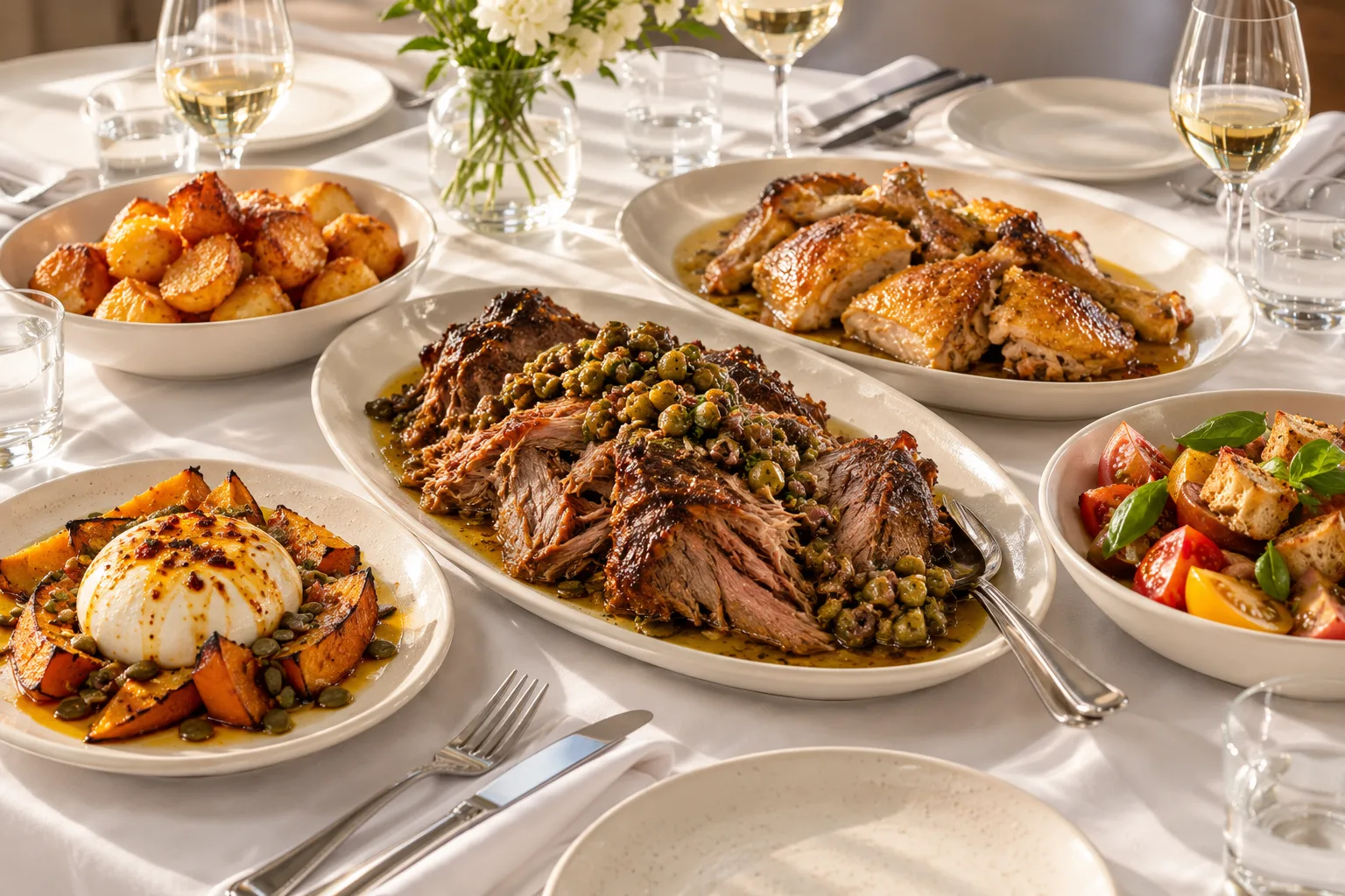 Shared platters of lamb, chicken, burrata and vegetables on an elegant dining table