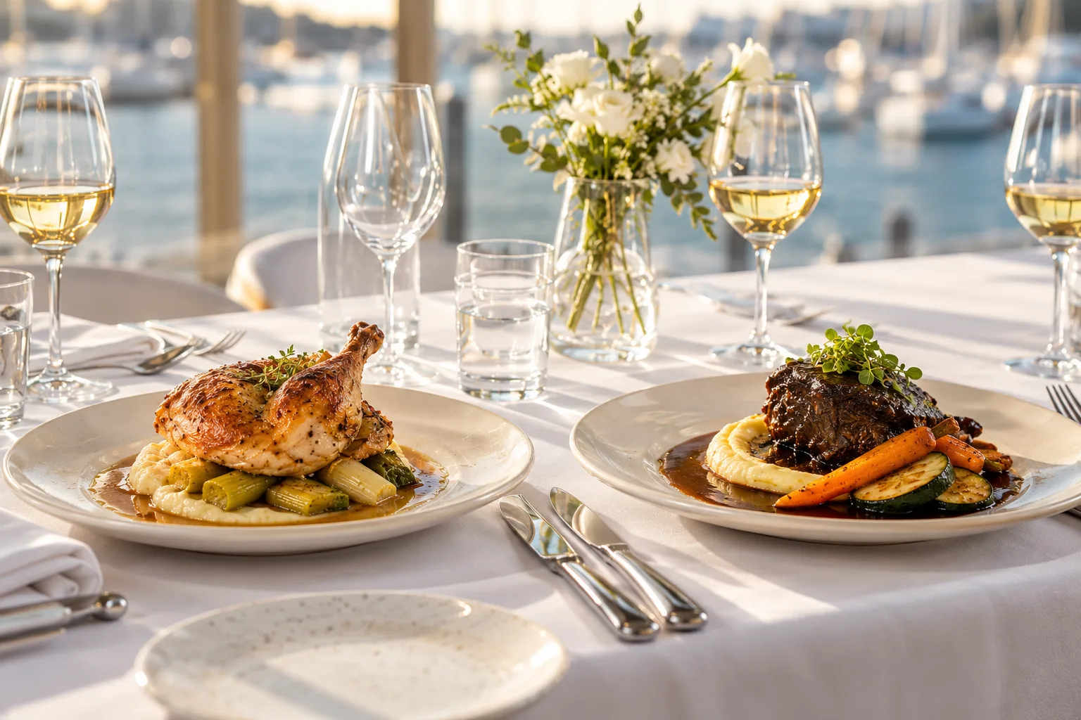 Individually plated chicken and beef cheek mains on a formal white-linen dining table