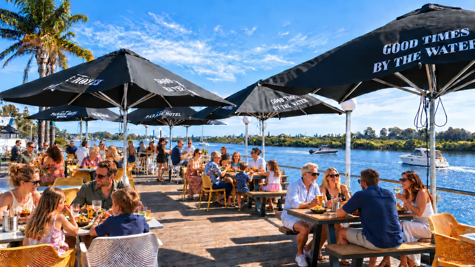 Illustrated families and friends dining on Parade Hotel’s waterfront deck in Bunbury, with three boats passing along the river